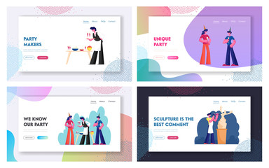 Obraz na płótnie Canvas People Celebrating Party, Sculptor Craft Hobby and Creative Profession Website Landing Page Set. Characters Celebrating Holiday, Artist Making Statue Web Page Banner. Cartoon Flat Vector Illustration