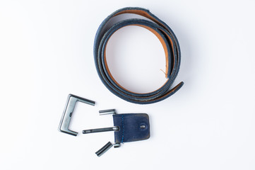 Broken blue pants belt isolated on white background.Copy space