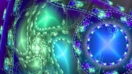 Abstract intricate extravagant fractal background made out of interconnected rings, stars and decorative twisted patterns in shining pink,blue green,purple