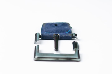 Broken blue pants belt isolated on white background.Copy space