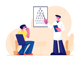 Ophthalmologist Doctor Check Eyesight for Eyeglasses Diopter. Male Oculist with Pointer Checkup Eye Sight. Professional Optician Exam Patient for Treatment Vision Cartoon Flat Vector Illustration