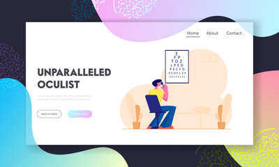 Eyesight Check Up Website Landing Page. Man Looking at Test Chart for Vision Checkup. Patient in Oculist Office Eye Sight Optician Exam for Treatment Web Page Banner. Cartoon Flat Vector Illustration