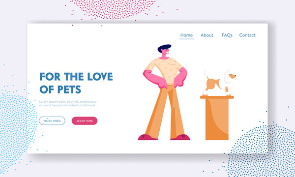 Pet Show Competition Website Landing Page. Proud Owner Presenting Poodle at Exhibition, Groomed Dog Winner Stand on Pedestal Take Part in Competition, Web Page Banner. Cartoon Flat Vector Illustration