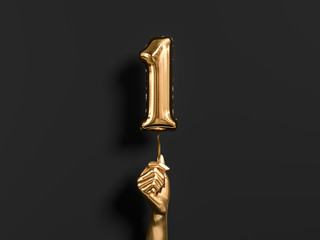One year birthday. Golden hand sculpture holding Number 1 foil balloon. One-year anniversary background. 3d rendering