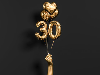 30 years old. Gold and black Number 30th anniversary, happy birthday congratulations. 3d rendering.