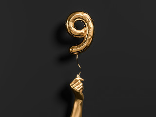 Nine year birthday. Female hand sculpture holding Number 9 foil balloon. Nine-year anniversary background. 3d rendering - obrazy, fototapety, plakaty