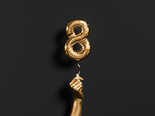 Eight year birthday. Golden hand holding Number 8 foil balloon. Eight-year anniversary background. 3d rendering