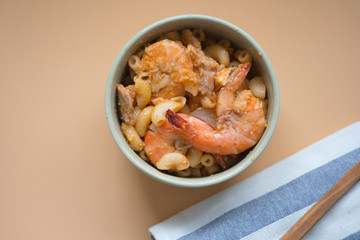 Fried Shrimp macaroni with tomato sauce