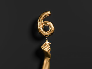 Six year birthday. Golden hand holding Number 6 foil balloon. Six-year anniversary background. 3d rendering