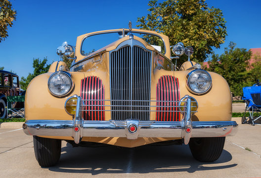Front view of a vintage 1941 Packard One Twenty Convertible Sedan classic car on October 18, 2014 in Westlake, Texas.