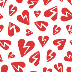 Red broken hearts vector seamless pattern with white background