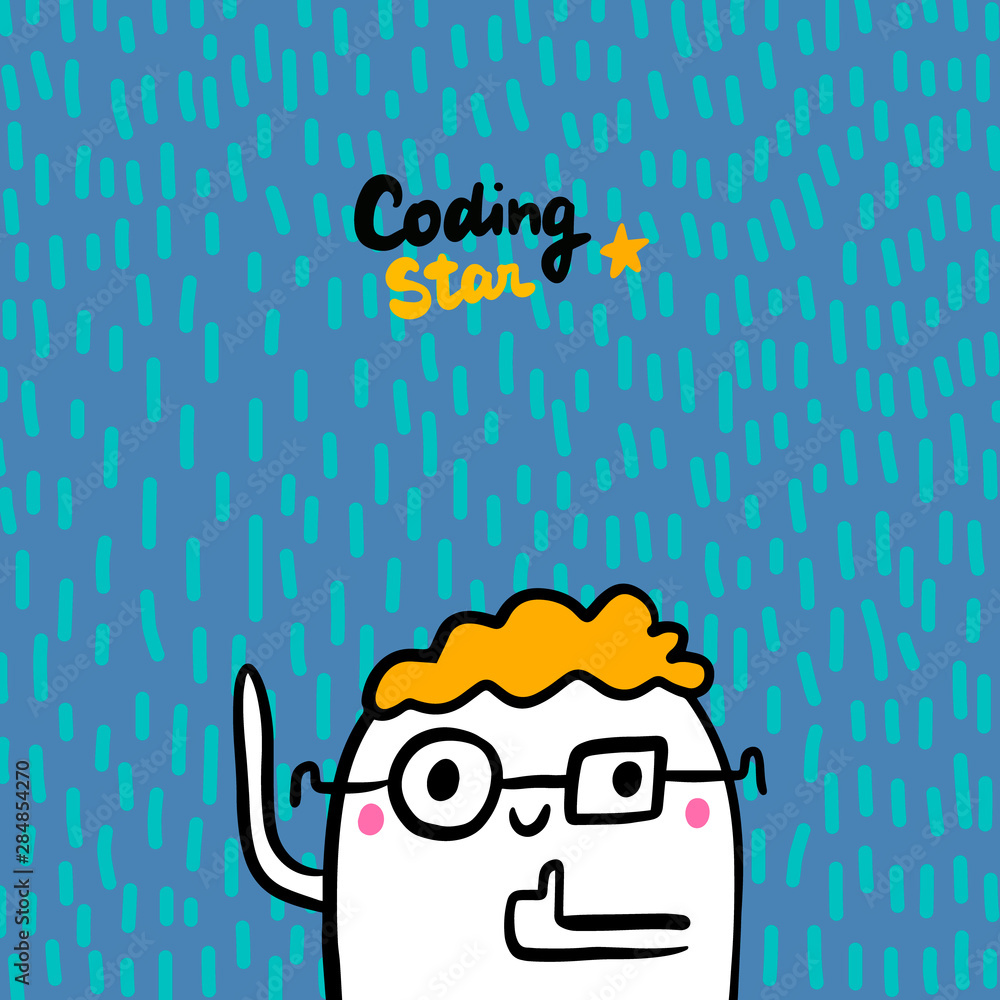 Fototapete coding star hand drawn vector illustration in cartoon style. cute programmer happy