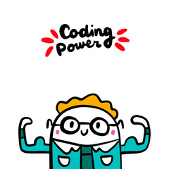Coding power hand drawn vector illustration in cartoon style. Programmer strong