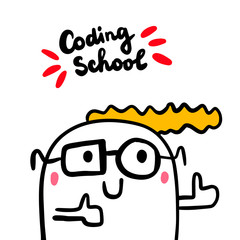 Coding school hand drawn vector illustration in cartoon style with cute programmer man
