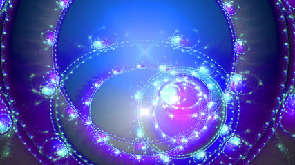 Abstract intricate extravagant fractal background made out of interconnected rings, stars and decorative twisted patterns in shining pink,blue green,purple