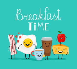 Breakfast time. Smiling breakfast food on table, laughing cheese and milk meal, riant fried egg and bacon, cute coffee morning concept