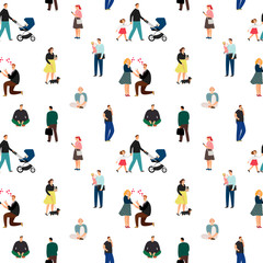 Fototapeta na wymiar Family people white pattern. Men and women vector illustrations seamless pattern, casual peoples background, adult man and woman in love and with kids texture