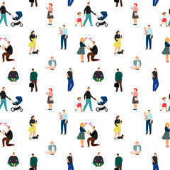 Family people white pattern. Men and women vector illustrations seamless pattern, casual peoples background, adult man and woman in love and with kids texture