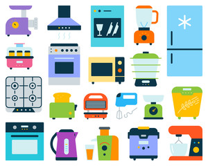 Kitchen appliance equipment flat color vector set