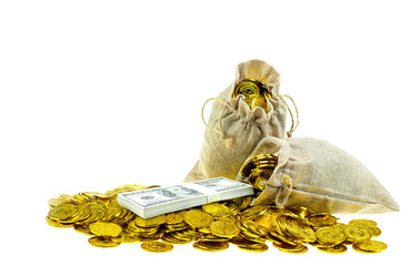 Stacking gold coin in treasure sack on white background