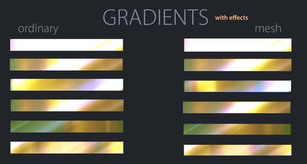Hologram gradients with effects. Composition metal color. Set or palette. Mesh and regular gradients. Golden colors. For designers. Vector illustration. Graphic resources. Holiday colors. 