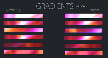 Red gradients with effects. Set or palette. Mesh and regular gradients. Warm colors. For designers. Vector illustration. Holiday colors. Graphic resources. 