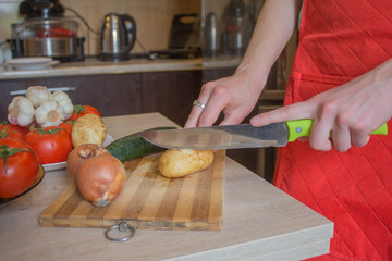 Woman's hands cutting vegetables, behind fresh vegetables. Woman cook at the kitchen