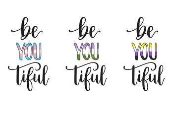 Be you tiful hand lettering with colors of transgender, genderqueer and non-binary pride flags
