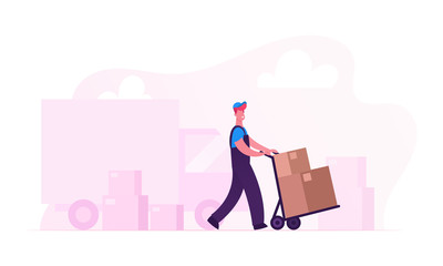 Relocation and Moving into New House Concept. Worker Wearing Uniform Pushing Trolley with Cardboard Boxes Unloading Truck. Professional Delivery Company Loader Service Cartoon Flat Vector Illustration