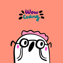 Wow coding hand drawn vector illustration in cartoon style