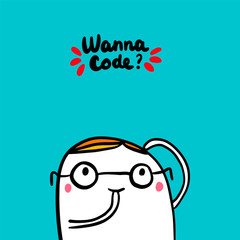 Want to code hand drawn vector illustration in cartoon style. Programmer in thoughts