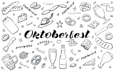 Set of isolated elements on a white background. Beer, glasses, cheese, pretzel, snacks, chicken, banger, sausages, opener. Hand lettering. Oktoberfest. Can be used as a poster, flyer, background.