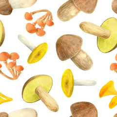 Watercolor mushrooms seamless pattern. Hand drawn edible fungus, boletus, chanterelle, russula, armillaria, xerocomus isolated on white background for textile, print, seasonal decoration