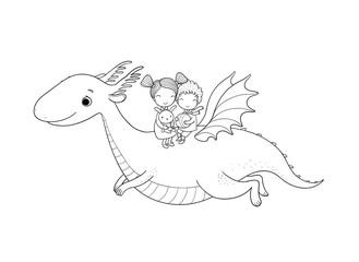 cute little kids are flying a dragon. Cartoon brother, sister and dinosaur.