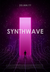 Retrowave synthwave vaporwave illustration with laser grid landscape in the starry space, through the brightly glowing pink portal a man in a spacesuit came out. Design for flyer, poster.