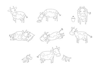 Set with cute cartoon cow. Farm animals