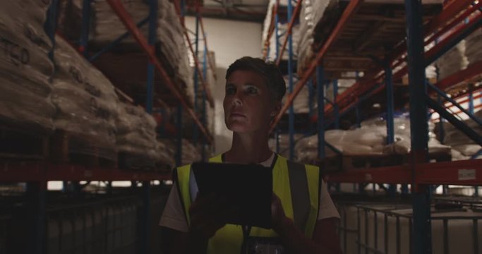 Female warehouse worker patrolling warehouse corridor at night 4k