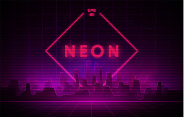 Naklejka premium Retrowave night city with laser grid and big neon rhombus on background. Futuristic cityscape with glowing neon pink and purple lights and fog on dark background.