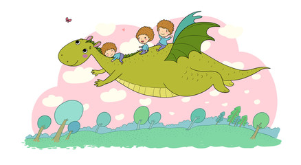 The boy and the dinosaur. The prince flies on a dragon.