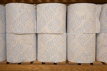 Stack of toilet paper, storage of toilet roll in the closet