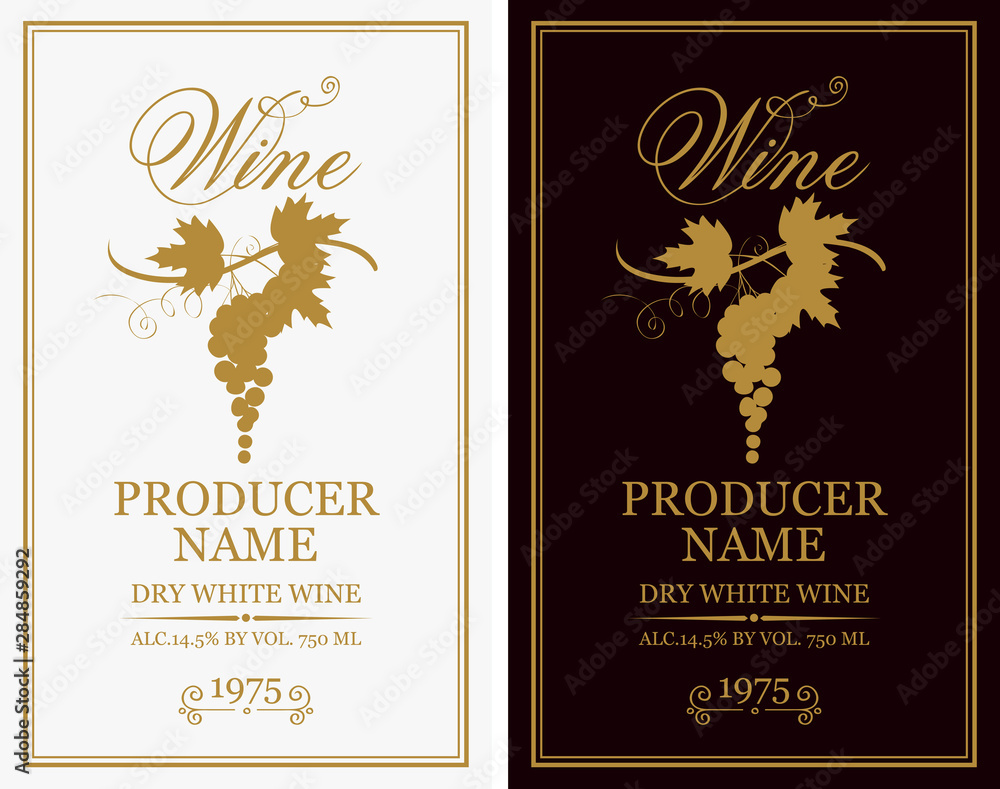 Poster vector set of two labels for wine with bunches of grapes and calligraphic inscriptions in retro styl