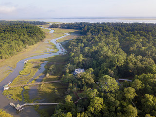 Aerial view of expensive coastal homes with docks in South Carolina