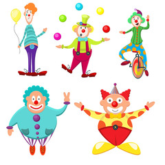 Obraz na płótnie Canvas Cute, funny, multicolored set of clowns with different emotions. Thick, skinny, funny, funny, joyful on a bike, with balls in hats, clowns. Circus, holiday, good mood, fun. Modern vector flat image