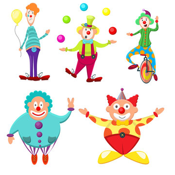 Cute, funny, multicolored set of clowns with different emotions. Thick, skinny, funny, funny, joyful on a bike, with balls in hats, clowns. Circus, holiday, good mood, fun. Modern vector flat image