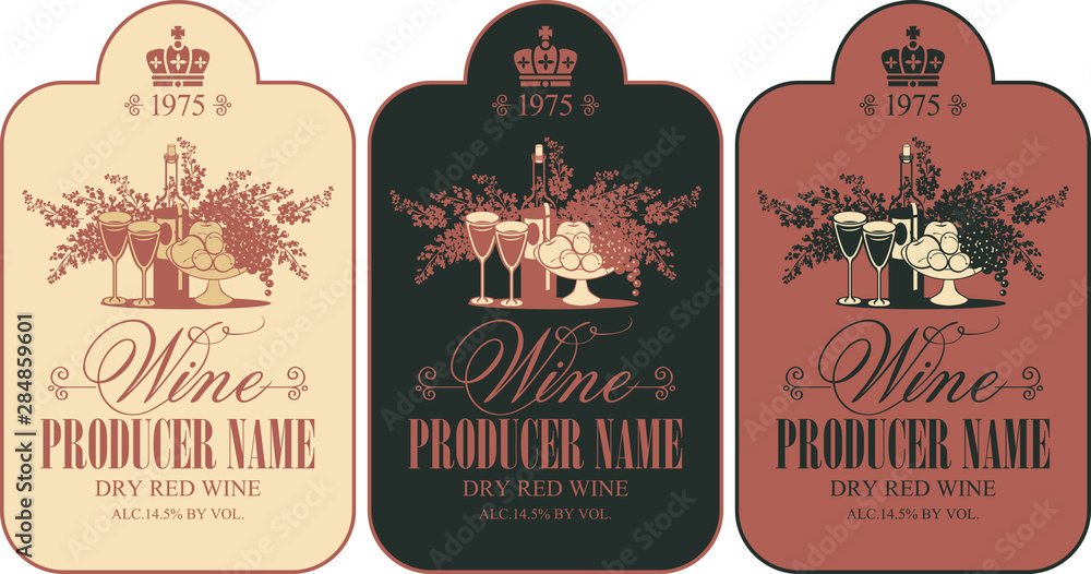 Poster vector set of wine labels with still life and calligraphic inscription in figured frame in retro sty