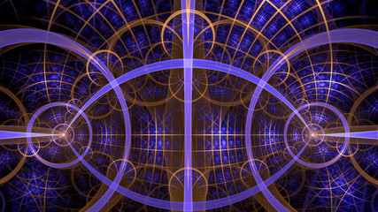 Abstract fractal background made out of intricate pattern of interconnected rings, arches and geometric patterns in glowing purple, orange