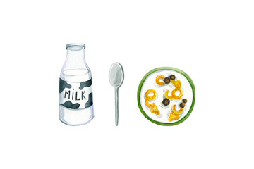 Watercolor cereals in bowl, bottle of milk, spoon. Isolated on white hand drawn illustration of breakfast food perfect for kitchen design, fabric textile, wallpaper, poster, icon, label, logo