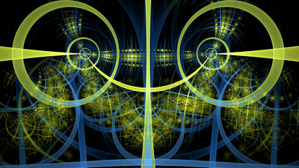 Abstract fractal background made out of intricate pattern of interconnected rings, arches and geometric patterns in glowing blue, green yellow