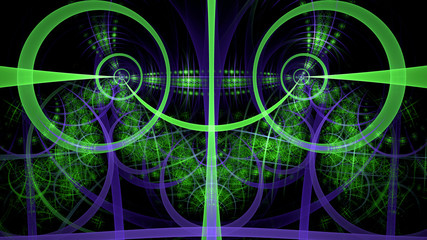 Abstract fractal background made out of intricate pattern of interconnected rings, arches and geometric patterns in glowing green,purple