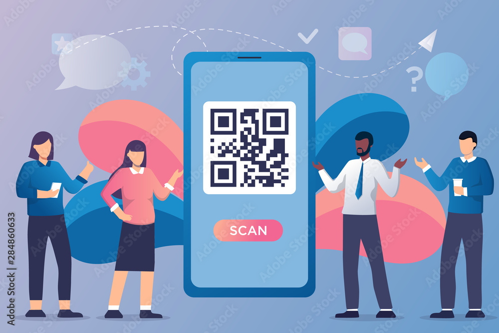 Poster qr code scanning vector illustration concept, people use smartphone and scan qr code for payment and
